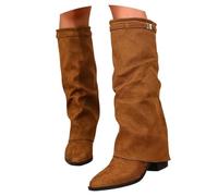 Generisch Women's Overknee Boots - Fold Over Shark Boots Suede with Block Heel Medieval Retro Knee High Slouchy Design for Thick Calves Transition Boots Winter Boots, 02 Brown, 9 UK
