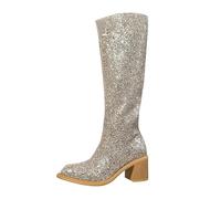 Generisch Women's Overknee Boots Glitter Sequins Wide Shaft Boots with Block Heel - Waterproof High Long Shaft Boots Knee High Boots for Weddings and Parties, gold, 7 UK
