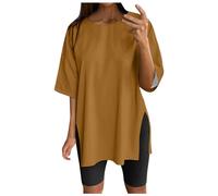 Generisch Women's Oversize Sports Shirt Short Sleeve Blouses Summer Loose Tops Functional Shirt Tunic Loose with Slits, brown, XXL
