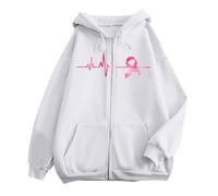 Generisch Women's Oversized Hooded Jacket with Breast Cancer Bow - Statement Hoodie with Heartbeat Motif | Soft Sweat Jacket as a Sign of Solidarity, Style_l07 White, L