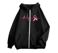 Generisch Women's Oversized Hooded Jacket with Breast Cancer Bow - Statement Hoodie with Heartbeat Motif | Soft Sweat Jacket as a Sign of Solidarity, style_l02 black, S