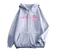 Generisch Women's Oversized Hooded Jacket with Breast Cancer Bow - Statement Hoodie with Heartbeat Motif | Soft Sweat Jacket as a Sign of Solidarity, style_l03 gray, M