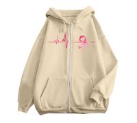 Generisch Women's Oversized Hooded Jacket with Breast Cancer Bow - Statement Hoodie with Heartbeat Motif | Soft Sweat Jacket as a Sign of Solidarity, style_l01 beige, S