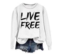 Generisch Women's Oversized Sweatshirt with 'Live Free' Saying - Long Sleeve Pullover with Statement Print | Casual Top with Brush Stroke Writing, Style_p10 White, S