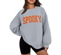 Generisch Women's Oversized Sweatshirt with 'Spooky' Lettering - Casual Halloween Pullover with Balloon Sleeves | Fashion Autumn Statement in 3D Look, style_t04 grey, M