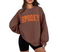 Generisch Women's Oversized Sweatshirt with 'Spooky' Lettering - Casual Halloween Pullover with Balloon Sleeves | Fashion Autumn Statement in 3D Look, style_t03 brown, XL