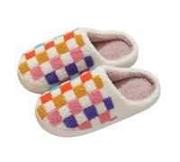 Generisch Women's Pair Winter Slippers Multicoloured Plaid Pattern Cartoon Large Size Warm Padded Cotton Slippers, multicoloured, 5 UK