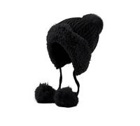 Generisch Women's Peru Style Winter Hat with Faux Fur - Knitted Hat with Ear Flaps and Bobbles | Cuddly and Stylish Hat for Cold Days, style_t02 black, One size