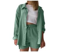 Generisch Women's Plain Spring Pleated Long Sleeve Shirt High Waist Drawstring Shorts Large Fashion Casual Set, Mint Green, XXL