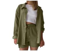 Generisch Women's Plain Spring Pleated Long Sleeve Shirt High Waist Drawstring Shorts Large Fashion Casual Set, Army Green, XL