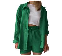 Generisch Women's Plain Spring Pleated Long Sleeve Shirt High Waist Drawstring Shorts Large Fashion Casual Set, Green, M