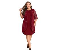 Generisch Women's Plus Size Elegant Casual Dress Mesh Multilayer Sleeves Party Cocktail Evening Midi Dress with Flowing, red, 5XL