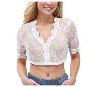 Generisch Women's Plus Size Sexy White Crop Top with Stretch Lace Sleeves, German Beer Festival Clothing, Stand-Up Collar Blouse Women, White, XXL