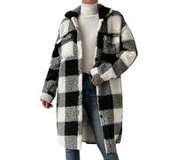 Generisch Women's Plush Jacket Long Checked Fur Coat Button Down Loose Top Colour Blocking Casual Winter Jacket Warm Furry Transition Jacket with Chest Pockets Soft Comfortable Fleece Coat, black, S