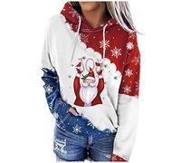 Generisch Women's Print Long Sleeve Round Neck Hooded Christmas Blouse with Drawstring Earrings Various Sizes, Wine Red, XXL