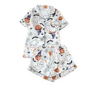Generisch Womens Printed Halloween Pajama Set - European Style Short Sleeve Shirt and Shorts with Lapel Collar and Loungewear, White, XXL