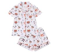 Generisch Womens Printed Halloween Pajama Set - European Style Short Sleeve Shirt and Shorts with Lapel Collar and Loungewear, White, XXL
