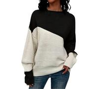 Generisch Women's Pullover in Colour Block Design, Two-Tone Knitted Jumper with Crew Neck, Casual Long Sleeve Top for Autumn and Winter, style_y01 black, M