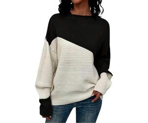 Generisch Women's Pullover in Colour Block Design, Two-Tone Knitted Jumper with Crew Neck, Casual Long Sleeve Top for Autumn and Winter, style_y01 black, M