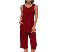 Generisch Women's Pyjamas Cotton Pyjama Set Pyjamas Women's Two Piece Pyjamas Summer Sleepwear Short Cotton Leisure Suit Capri Sleepwear Top and 3/4 Trousers, Pyjamas B1-red, XXL