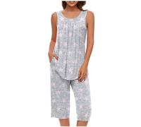 Generisch Women's Pyjamas Cotton Pyjama Set Pyjamas Women's Two Piece Pyjamas Summer Sleepwear Short Cotton Leisure Suit Capri Sleepwear Top and 3/4 Trousers, Pyjamas B2-grey, XXL