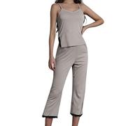Generisch Women's Pyjamas, Two-Piece Pyjamas, Long, Colourful with Leopard Print, Sleeveless Lace, V-Neck Shirt and Sleep Shorts, Sexy Sleep Shirt for Women, Pyjamas B7-light grey, M