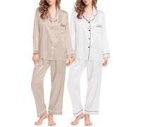 Generisch Women's Pyjamas with Buttons Long Pyjama Set Comfortable Soft Housewear Plain Top with Pockets and Pyjama Bottoms Lightweight Leisure Suit Two Piece Casual Pyjamas Wide Homewear, Whit21, L