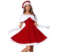 Generisch Women's Red Santa Claus Costume, Complete Set with Christmas Hat, Gloves and Cape, Christmas Costume Set, Sexy Velvet Christmas Dress, Cosplay, Carnival Costume