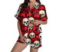 Generisch Women's Red Skull Pattern Pyjama Set - Short Sleeve Pyjamas in Gothic Style | Eye-catching Two Piece with Shirt and Shorts, style_v01 multicolor, M