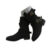 Generisch Women's Retro PU Boots, Half-Height Ankle Boots with Buckle, Plain Round Flat Boots, Short Boots, Winter Boots, Slip-On Boots, Women's Shoes, Ankle Boots, Women's Winter Shoes, black, 7 UK