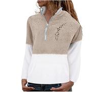 Generisch Women's Reversible Teddy Jacket Fleece Patchwork Coats Mini Printed Turtleneck Jacket Zip Pockets Sweatshirt, khaki, XXL
