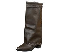 Generisch Women's Rivet Decoration Envelope Ruffled Shaft High Boots Leather Look Flat Block Heel Non-Slip Breathable Pointed Toe Autumn Winter Leisure City Walk Women's Boots
