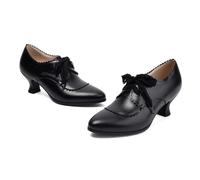 Generisch Women's Roman Retro Style Lace Trim Mid Heel Shoes Heavy Duty Block Heel Shoes, black, 10 UK