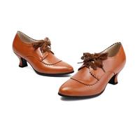 Generisch Women's Roman Retro Style Lace Trim Mid Heel Shoes Heavy Duty Block Heel Shoes, brown, 8 UK