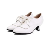 Generisch Women's Roman Retro Style Lace Trim Mid Heel Shoes Heavy Duty Block Heel Shoes, White, 4 UK
