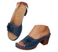 Generisch Women's Sandals with Heel Summer Wedge Sandals Women's Elegant Mules with Block Heel Slippers with Flowers Slippers Open Toe Summer Sandals Fashionable Beach Shoes Plain Slippers, blue, 8.5