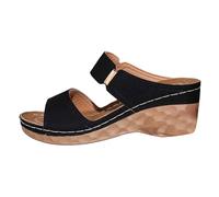 Generisch Women's Sandals with Slip-On Design Wedge Heels Double Striped Shoes Toe Sandals with Wedge Heel with Two Straps and Buckle for Summer Beach Holiday, Style O01 Black, 8.5 UK