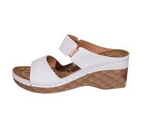 Generisch Women's Sandals with Slip-On Design Wedge Heels Double Striped Shoes Toe Sandals with Wedge Heel with Two Straps and Buckle for Summer Beach Holiday, Style O04 White, 4.5 UK