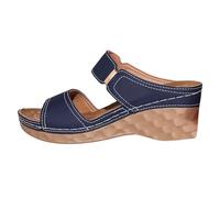 Generisch Women's Sandals with Slip-On Design Wedge Heels Double Striped Shoes Toe Sandals with Wedge Heel with Two Straps and Buckle for Summer Beach Holiday, Style O03 Navy, 8 UK