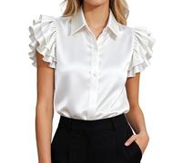 Generisch Women's Satin Blouse Short Sleeve Elegant Summer Silk Blouse Business Top Ruffle Hem Cap Sleeve Shirt Blouse Plain Short Sleeve Summer Blouse Baggy Fit Blouse Shirt Work Blouses, White, XL