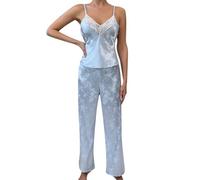 Generisch Women's Satin Pyjama Set with Lace - Sleeveless Crop Cami and Long Trousers Comfortable Soft Sleepwear with Trousers Valentine's Day Sliky Lounge Set Two Piece Loungewear Leisure Suit