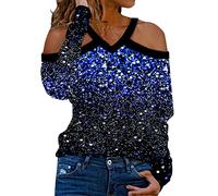 Generisch Women's Sequin Shirt with Printed Top Over the Shoulder V-Neck Trousers Women's Summer, blue, XL