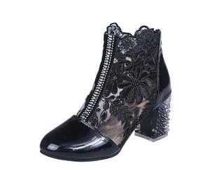 Generisch Women's Shoes Elegant Lace Floral Block Heel Non-Slip Mesh Rhinestone Evening Party Bridal Shoes, black, 8.5 UK