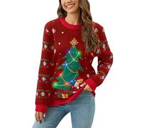 Generisch Women's Short Cardigan in European American Style with Crew Neck, LED Light Christmas Jumper for Women Pullover Women's Short Knitted, red, XXL