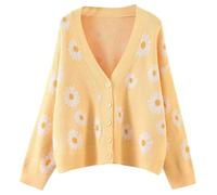 Generisch Women's Short Cardigan with Daisy Pattern, Cropped Cardigan with V-Neck and Button Placket, Cute Jacket in Playful Preppy Style