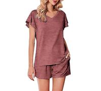 Generisch Women's Short Cotton Loungewear Shorty Women's Sleepwear Short Sleeve Pyjama Set Two Piece Pyjamas for Women Ruffle Shorts and Short Sleeve, Pyjamas B9-red, L