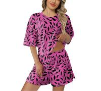 Generisch Women's Short Cotton Two-Piece Pyjama Set Sleepwear Leisure Suit Loungewear Short Sleeve Sleepwear Cuddly Soft Pyjamas with Pockets, Pajamas B7-hot Pink, M