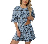 Generisch Women's Short Cotton Two-Piece Pyjama Set Sleepwear Leisure Suit Loungewear Short Sleeve Sleepwear Cuddly Soft Pyjamas with Pockets, Pajamas B5-Blue, XL
