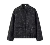 Generisch Women's short jacket in tweed look, elegant bouclé box jacket without collar for a chic look, lightweight blazer replacement for office and everyday use, Style_x01 Black, L