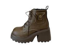 Generisch Women's Short Leather Ankle Boots Platform Ankle Boots Waterproof Short Boots Block Heel Winter Boots Soft Non-Slip Half Boots Motorcycle Lace-Up Boots Plain Winter Boots, khaki, 9 UK